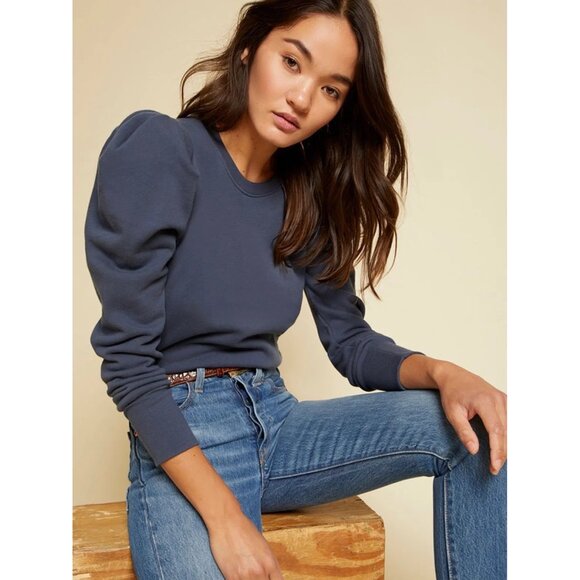 Nation LTD Nikka Pleat Shoulder Sweatshirt Top Coastal Blue Casual Lounge Small - Picture 1 of 9